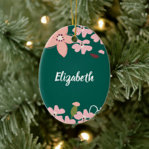 Grün mit rosa Blume Personalisiert Keramik Ornament