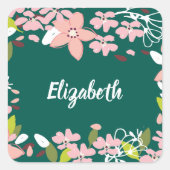 Grün mit rosa Blume Personalisiert Quadratischer Aufkleber (Vorderseite)