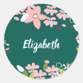 Grün mit rosa Blume Personalisiert Runder Aufkleber (Vorderseite)