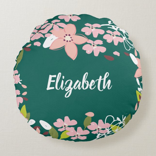 Grün mit rosa Blume Personalisiert Rundes Kissen (Vorderseite)