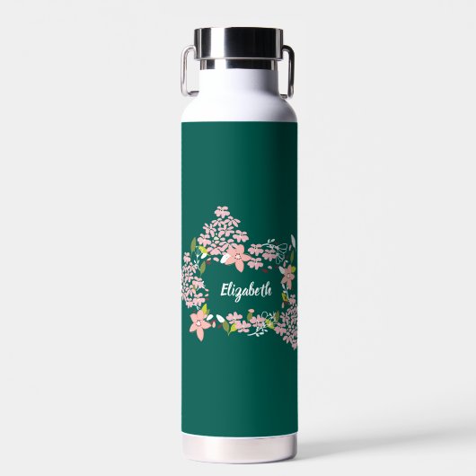 Grün mit rosa Blume Personalisiert Trinkflasche (Vorne)