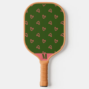 Grün mit rosa Herzen Modernes Monogramm Pickleball Schläger