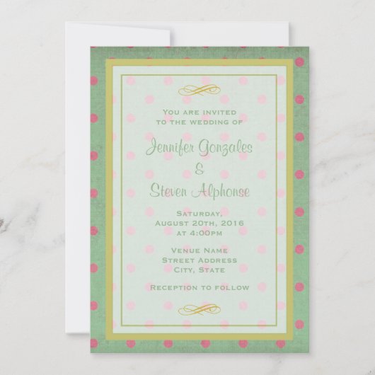 Grün mit rosa Polka Dots Wedding Einladung (Vorderseite)