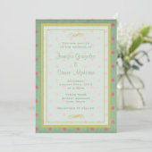 Grün mit rosa Polka Dots Wedding Einladung (Stehend Vorderseite)