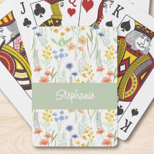 Grün Orange Aquarell Wildblumen Monogramm Name Spielkarten