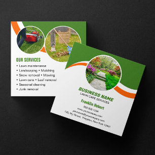 Grün Orange Lawn Care Landscaping Mähen 3 Foto Quadratische Visitenkarte