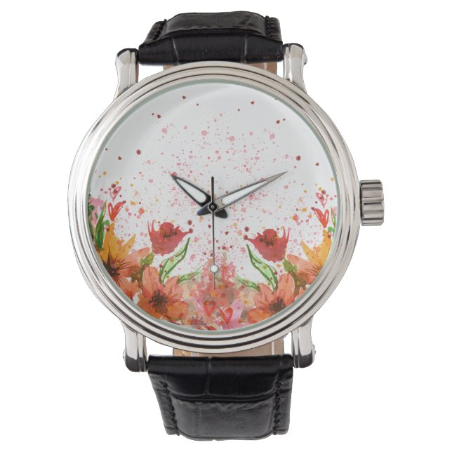 Grün & Orange Moderne Abstrakte Blumenmuster Armbanduhr (Vorderseite)
