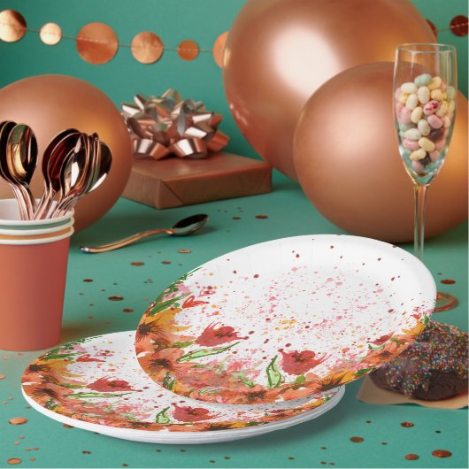 Grün & Orange Modernes abstraktes Floraldesign Pappteller (Multi)