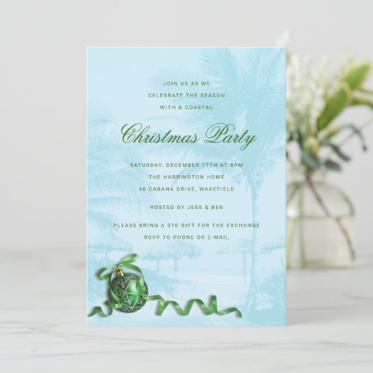 Grün Ornament Blau Weihnachten Party Tropisches Th Einladung (Stehend Vorderseite)