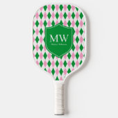 Grün Pink Argyle Monogramm Pickleball Schläger (Vorderseite)