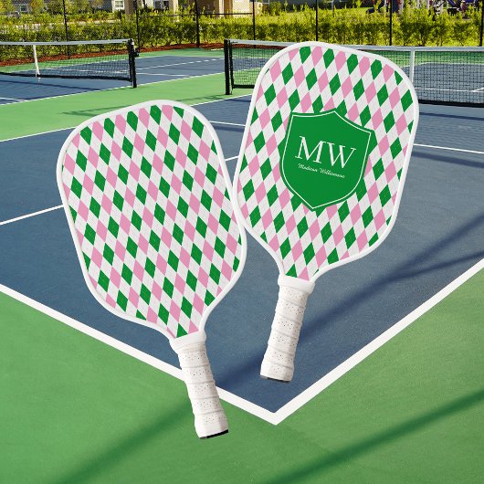Grün Pink Argyle Monogramm Pickleball Schläger