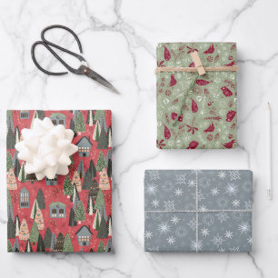 Grün Pink Grau Weihnachtswald Dorf Geschenkpapier Set