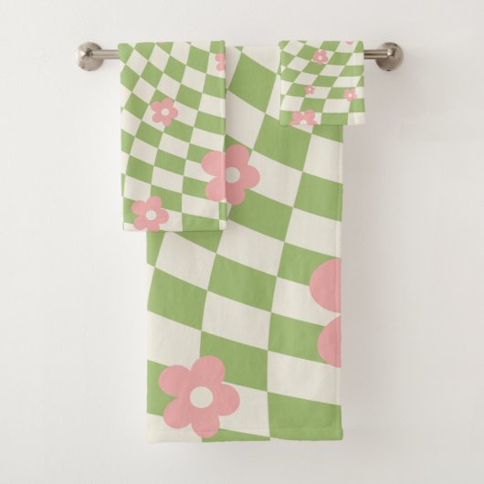 Grün Pink Kariert Floral Badhandtuch Set (Insitu)