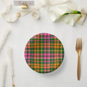 Grün Pink Orange Karo Tartan Design Pappteller