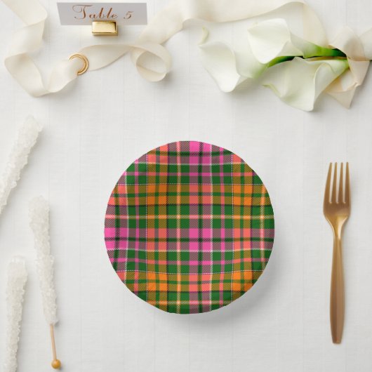 Grün Pink Orange Karo Tartan Design Pappteller (Hochzeit)