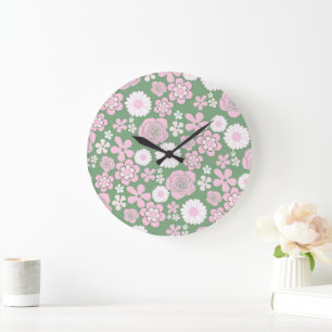 Grün Pink Weiß Retro Y2K 70er Blumenmuster Große Wanduhr