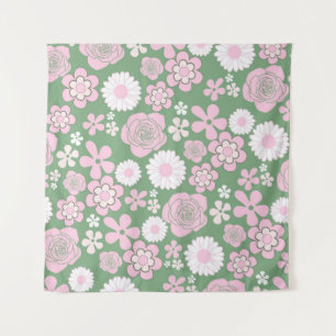 Grün Pink Weiß Retro Y2K 70er Blumenmuster Wandteppich
