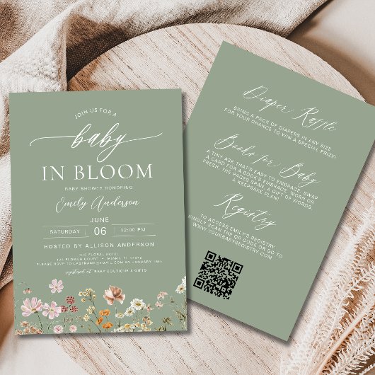 Grün-QR-Code Wildblume Baby in Bloom Einladung