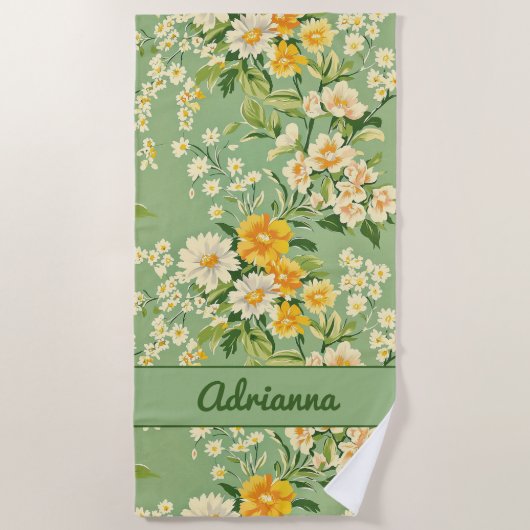 Grün Retro Floral  Strandtuch (Vorderseite)