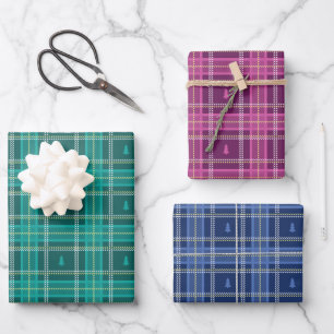 Grün, Rosa, Blauer Tartan Kariert mit Weihnachtsba Geschenkpapier Set