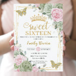 Grün rosa Blumenschmetterlinge Gold Sweet 16 Einladung<br><div class="desc">Dieses schicke Sweet 16 Birthday Einladung verfügt über einen geometrischen Rahmen aus Silber Glitzer, der von zarten Aquarelltönen mit Salbeigrün, blassrosa Blüten, sanften Salbeigrün und Salbei- und Goldschmetterlingen geschmückt ist. Personalisieren Sie es einfach und schnell mit Ihren Daten, drücken Sie einfach die Schaltfläche Anpassen, um den Stil und die Platzierung...</div>