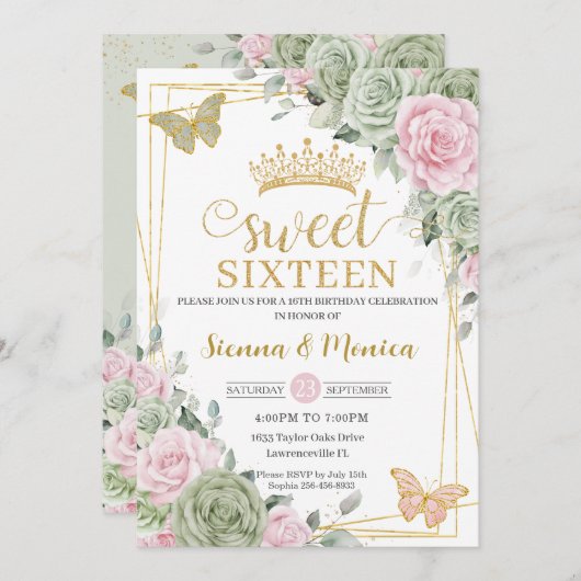 Grün rosa Blumenschmetterlinge süß 16 Zwillinge Einladung (Vorne/Hinten)