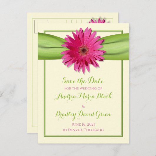 Grün rosa Gerbera Daisy Wedding Save the Date Ankündigungspostkarte (Vorne/Hinten)
