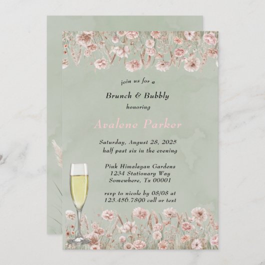 Grün rosa Peony Brunch & Bubbly Bubbly Einladung (Vorne/Hinten)