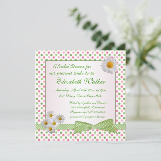 Grün, rosa Polka-Punkt, weißes, dunkles Brautparty Einladung (Stehend Vorderseite)