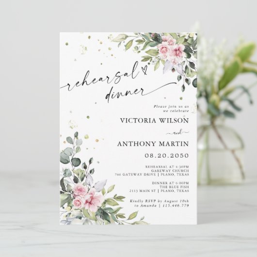 Grün Rosa Probe Abendessen Einladung (Stehend Vorderseite)