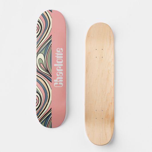 Grün, Rosa rot, dunkelblauer Retro Swirl Skateboard (Vorderseite)