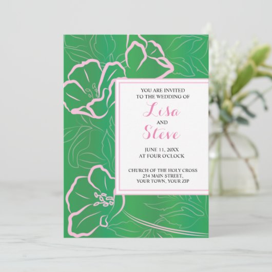 Grün-Rosa-tropische Hochzeit Einladung (Stehend Vorderseite)