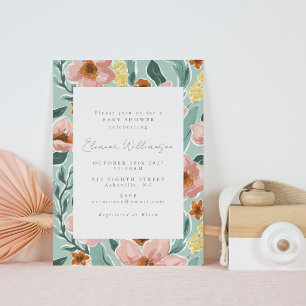 Grün rosa Vintage botanische Babydusche Einladung