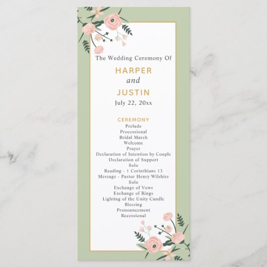 Grün & Rose Rosa Garten Elegante Hochzeit Programm (Vorderseite)