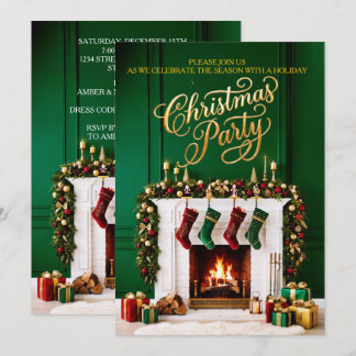 Grün Rot Gold Weihnachten Feier Party Kamin Einladung