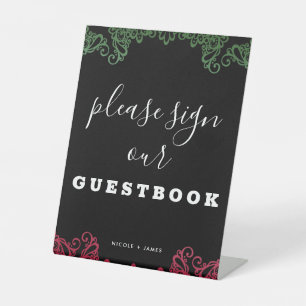 Grün & Rot Lace Fiesta Hochzeitsgästebuch Schild