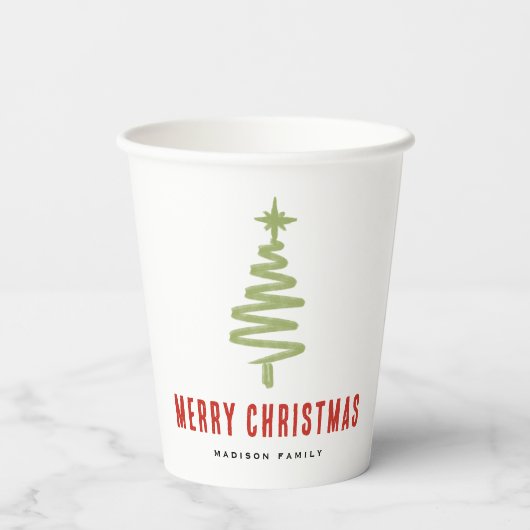 Grün & Rot Weihnachtsbaum Familienfeier Pappbecher (Rückseite)