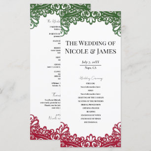 Grün-rotes Spitzen-Elegantes Fiesta-Hochzeitsprogr Menükarte