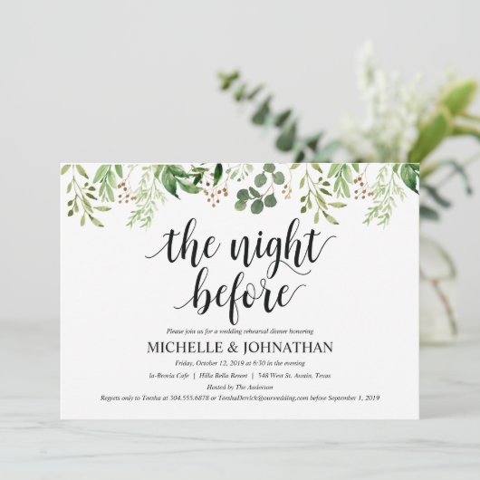 Grün Rustikales Hochzeitessen Probe Einladung (Stehend Vorderseite)