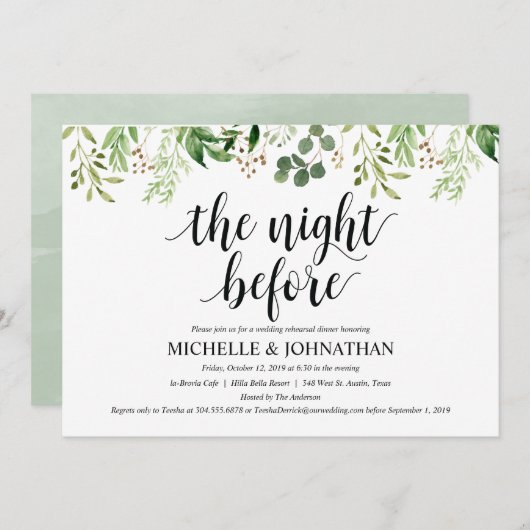 Grün Rustikales Hochzeitessen Probe Einladung (Vorne/Hinten)