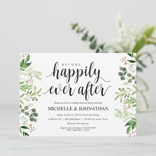 Grün Rustikales Hochzeitessen Probe Einladung (Stehend Vorderseite)