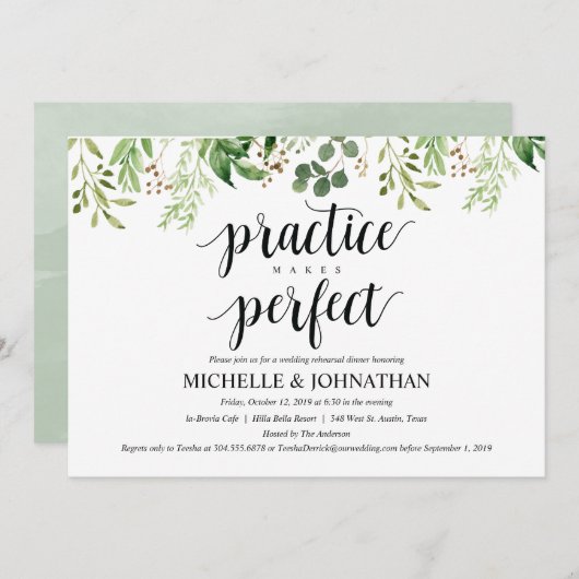 Grün Rustikales Hochzeitessen Probe Einladung (Vorne/Hinten)