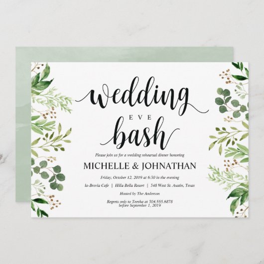 Grün Rustikales Hochzeitessen Probe Einladung (Vorne/Hinten)