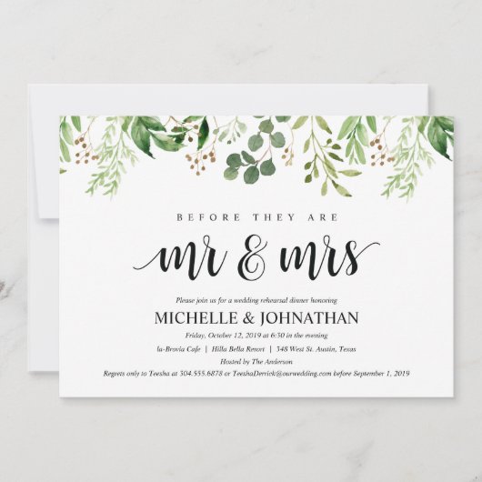 Grün Rustikales Hochzeitessen Probe Einladung (Vorderseite)