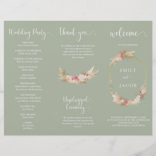 Grün Sage Tri-fold floral Hochzeitsprogramm Flyer (Vorne)