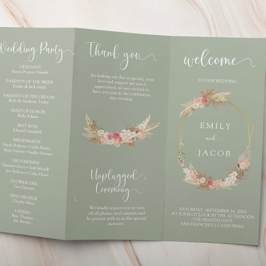 Grün Sage Tri-fold floral Hochzeitsprogramm Flyer