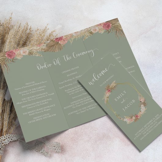 Grün Sage Tri-fold floral Hochzeitsprogramm Flyer