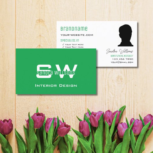 Grün Schlicht weiß mit Monogramm und Foto Visitenkarte