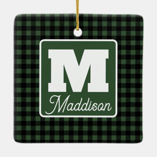 Grün/Schwarz Kariert Monogram Name Weihnachten Keramikornament (Rückseite)