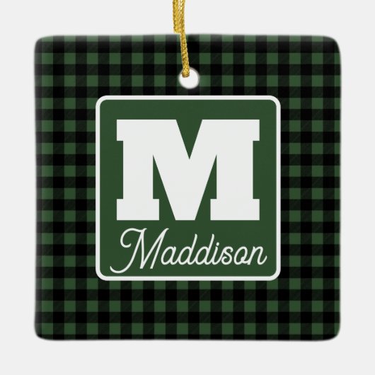 Grün/Schwarz Kariert Monogram Name Weihnachten Keramikornament (Vorderseite)